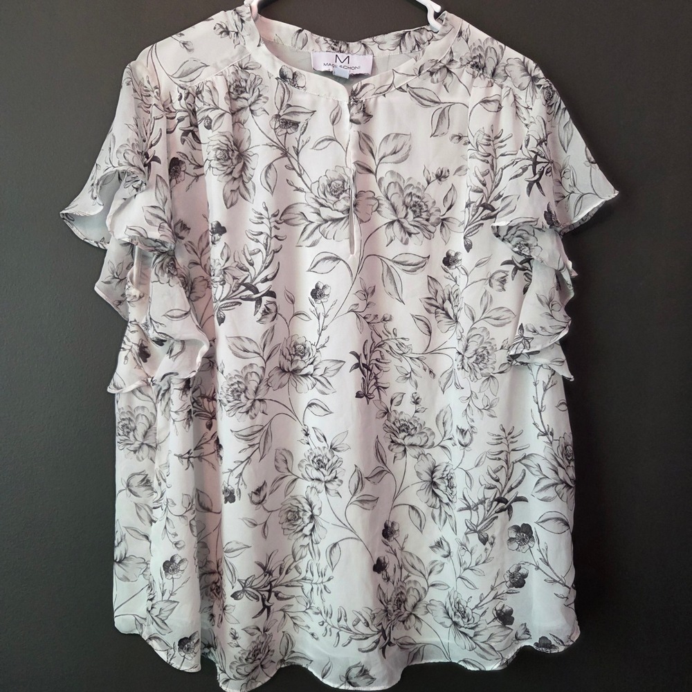 Magaschoni Woman 2X Floral Ruffle Sleeve Chiffon Blouse White Black Split Neck